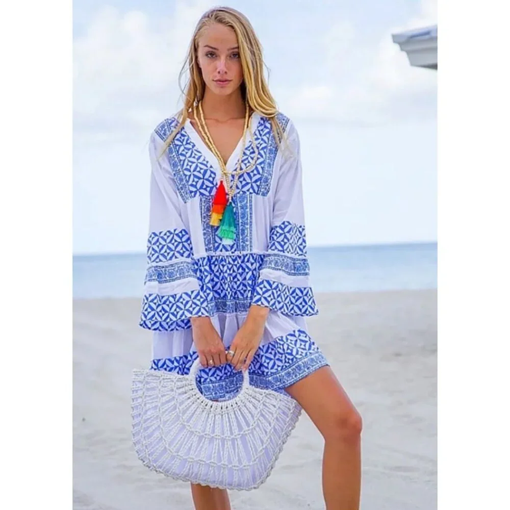 Bindu Salma Boho Hippie Beach Vacation Casual Flared Sleeve Mini Dress Small - Picture 4 of 10